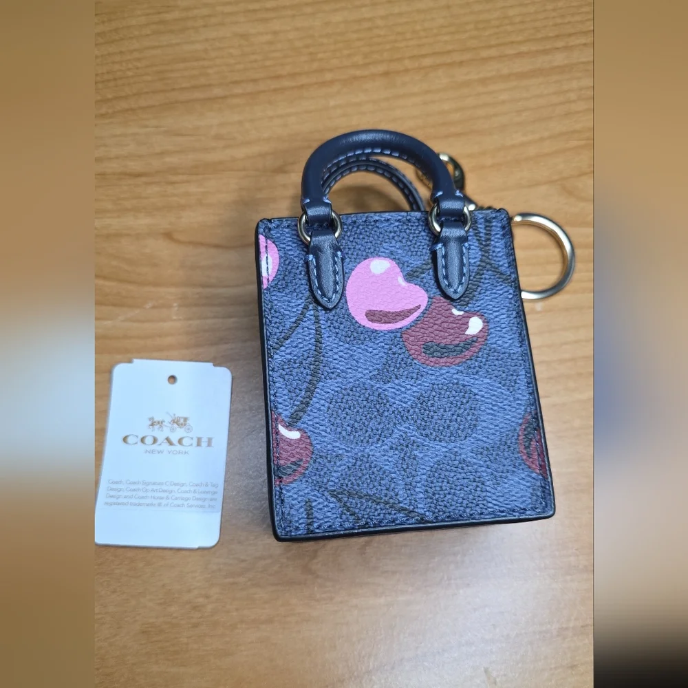 Coach Tote Bag Keychain Navy and Pink Mini Cherry - Picture 2 of 3